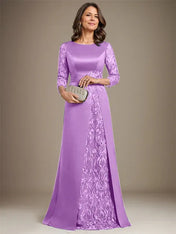 A-Line Scoop Floor-Length Lace Satin Mother Of the Bride Dress With Applique