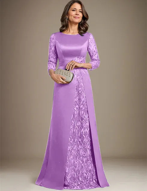 Robe de mère de la mariée en satin et dentelle, coupe trapèze, longueur au sol, avec appliques 