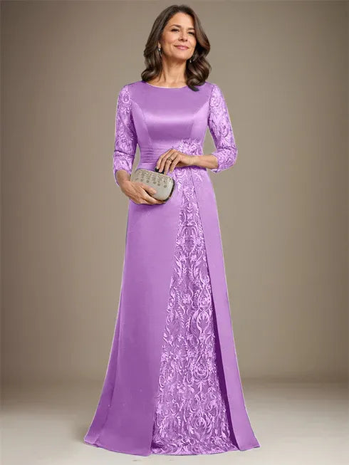 Robe de mère de la mariée en satin et dentelle, coupe trapèze, longueur au sol, avec appliques 
