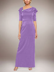Long Shimmer Column Dress with Foldover Cuff L-Neckline and Elbow Sleeves