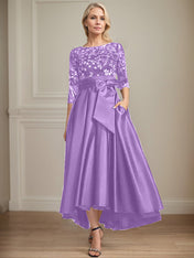 A-line Scoop Illusion Asymmetrical Satin Lace Mother of the Bride Dress With Bow
