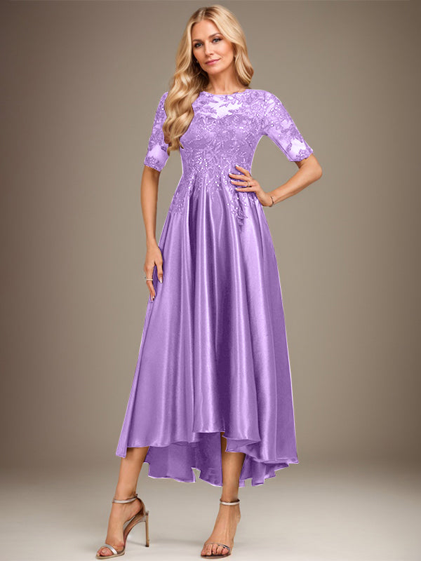 A-line Scoop Illusion Asymmetrical Stretch Satin Lace Mother of the Bride Dress With Sequins