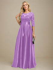 A-line Scoop Illusion Floor-Length Stretch Satin Lace Mother of the Bride Dress With Bow Sequins