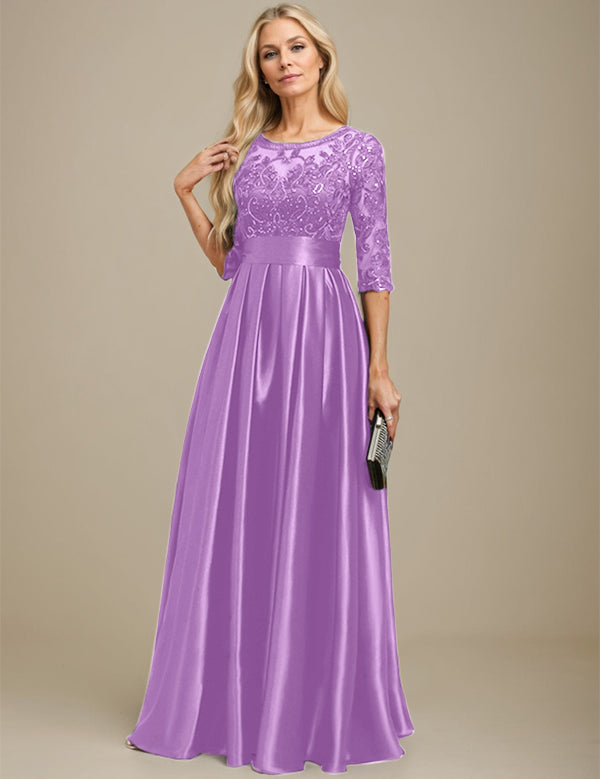 A-line Scoop Illusion Floor-Length Stretch Satin Lace Mother of the Bride Dress With Bow Sequins