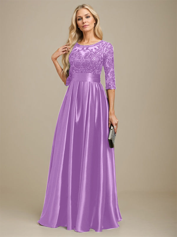 A-line Scoop Illusion Floor-Length Stretch Satin Lace Mother of the Bride Dress With Bow Sequins