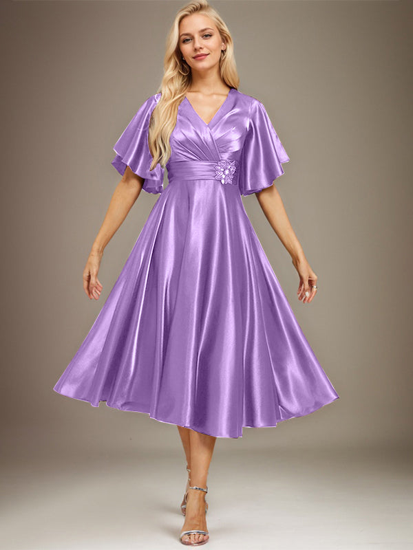 A-line V-Neck Tea-Length Stretch Satin Mother of the Bride Dress With Beading Pleated