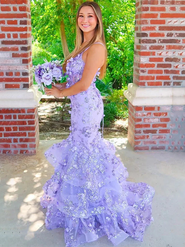 Purple Mermaid Spaghetti Straps Long Prom Dress with Appliques