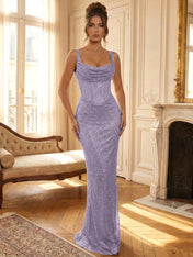 Sparkly Blue Shimmer Cowl Neck Corset Prom Dress
