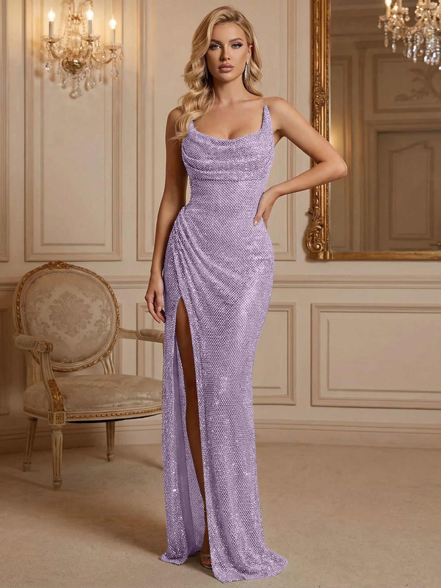 Silver Sequin Cowl Neck Ruched Long Prom Dress with High Slit