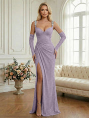 Light Blue Sequin Mermaid Matching Opera Gloves Long Prom Dress with Slit