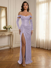 Silver Sequin Off-the-Shoulder Long Sleeves Corset Prom Dress with Slit