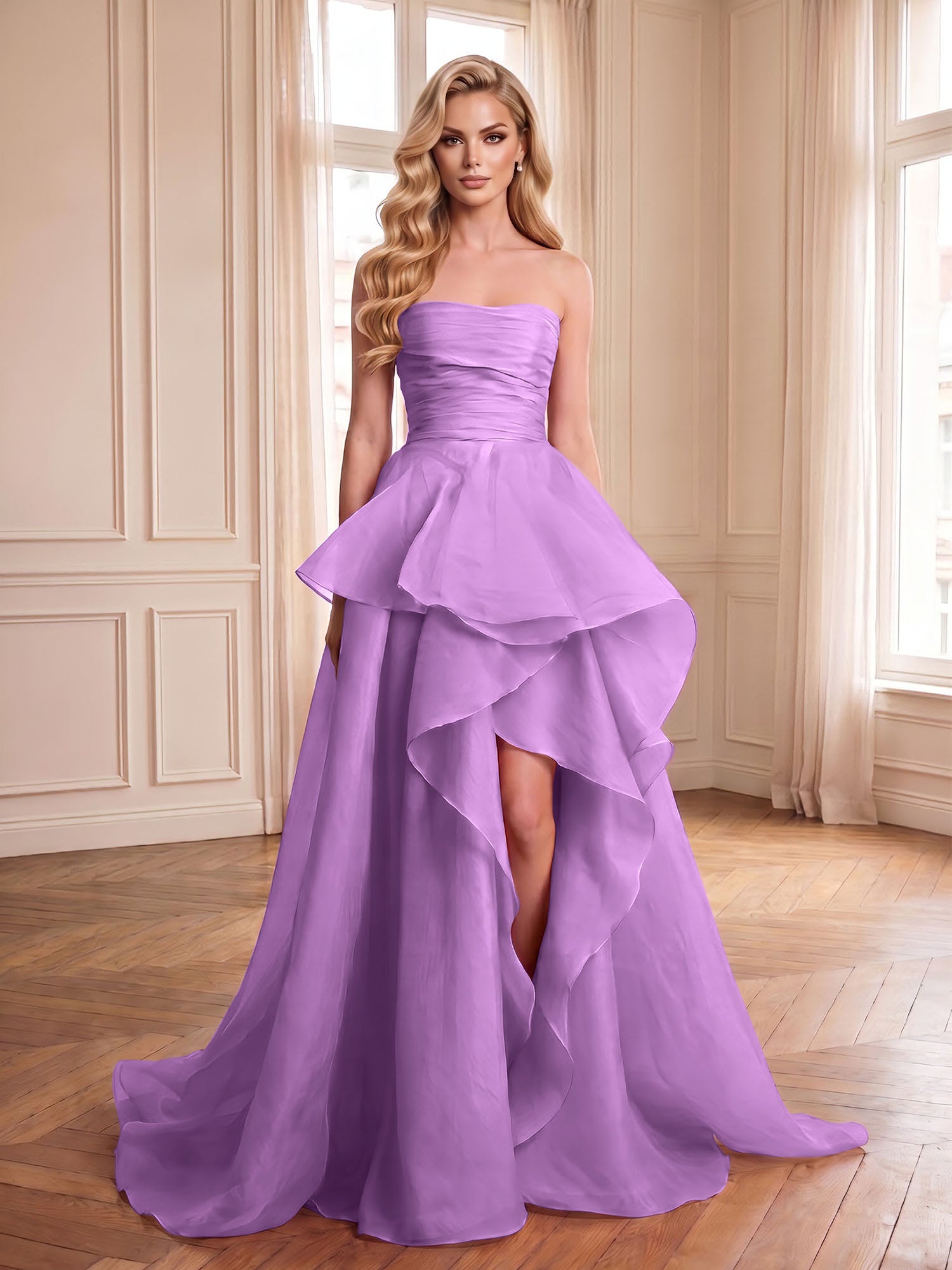 Formal Evening Tiered Dress Pink Strapless Maxi Gown