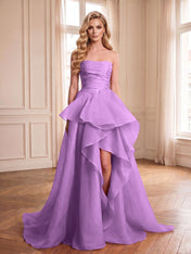 Formal Evening Tiered Dress Pink Strapless Maxi Gown