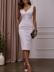 Pink Lace Hotfix Embellished Classic V Neck Sleeveless Sheath Midi Dress