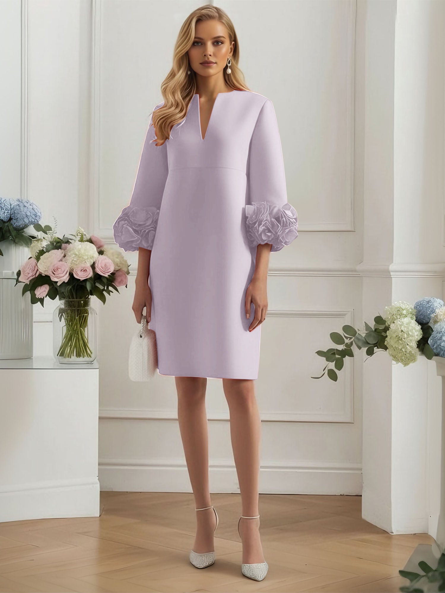 3D Floral Classic Notched Long Sleeve A-Line Midi Dress