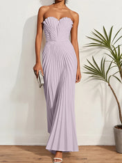 White Pleated Classic Strapless Sleeveless A-Line Maxi Dress