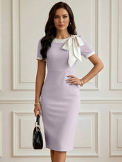 Powder Blue Bow Short Sleeve Sheath Midi Dress Gown