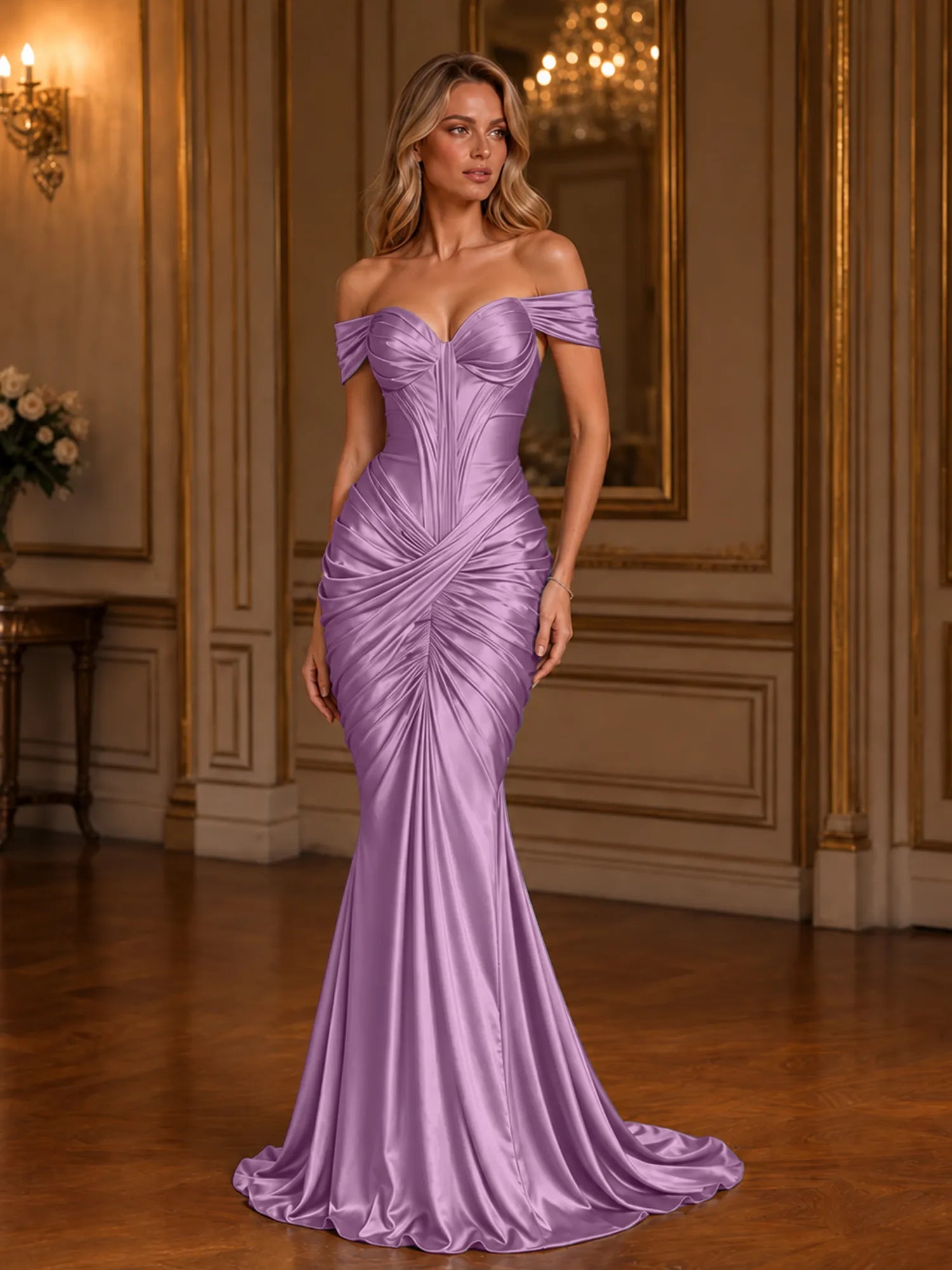Burgundy Off-The-Shoulder Ruched Mermaid Floor-Length Gown Dress