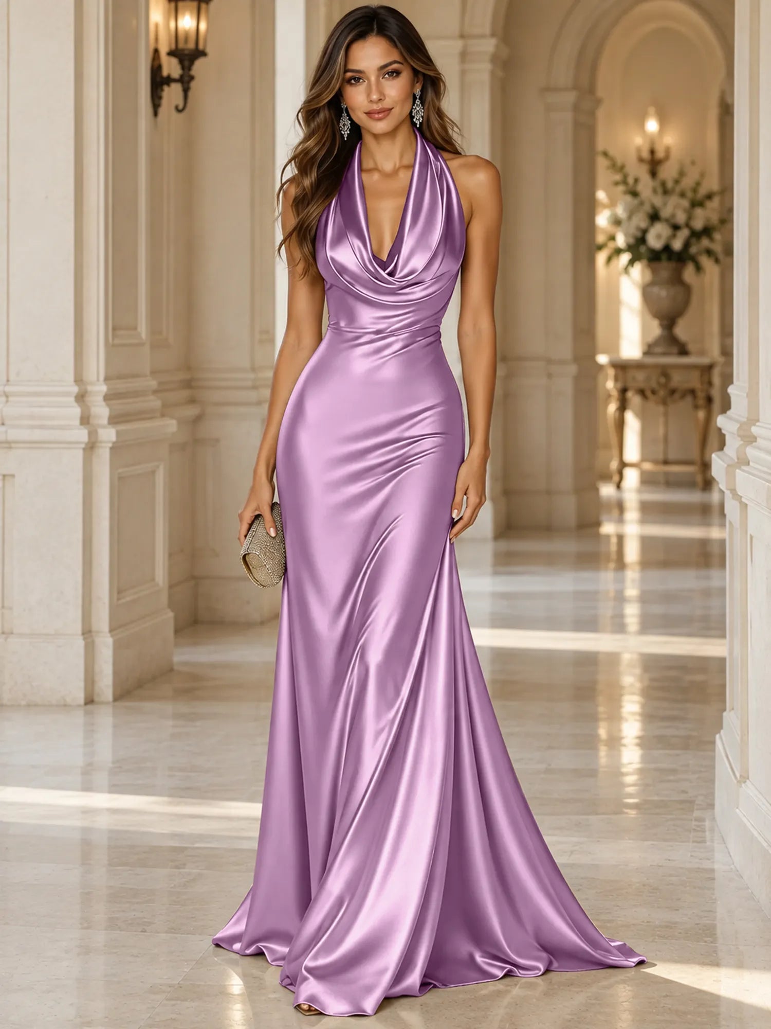 Elegant and Luxurious Cowl-neck Champagne Gold Satin Maxi Dress