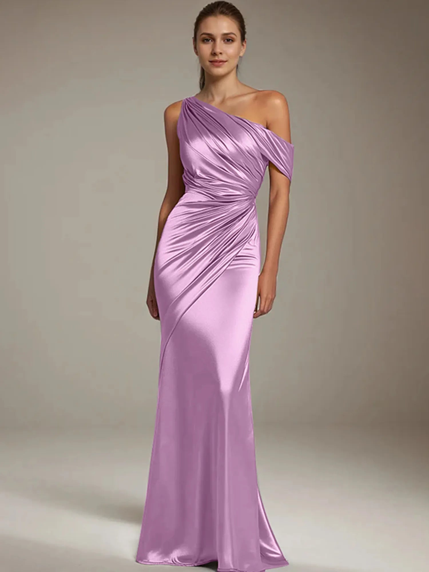 Formal Party Satin Dress Silver One-Shoulder Pleated  Floor-Length Dress