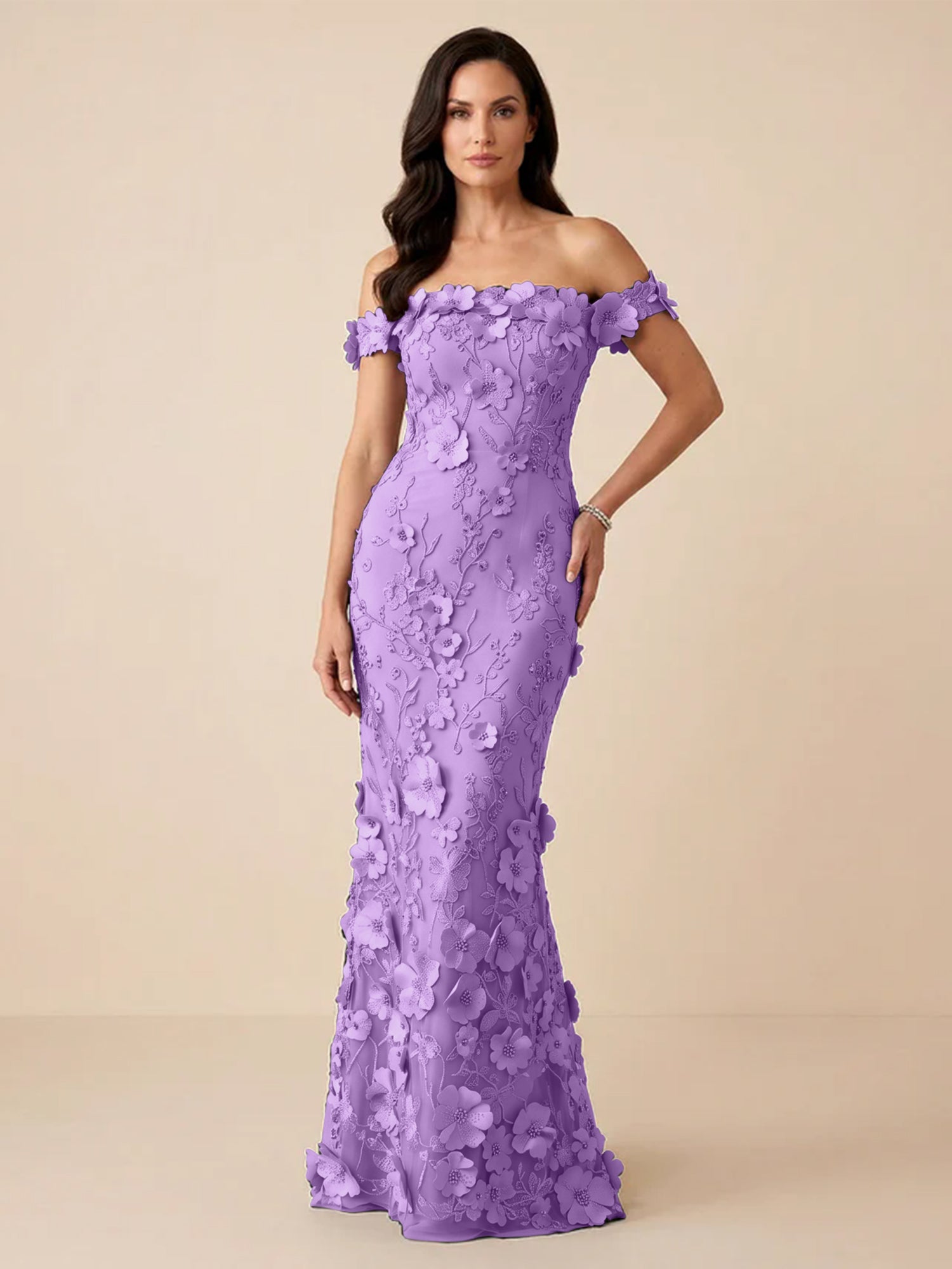 Black Off-the-Shoulder 3D Floral Mermaid Formal Gown Evening Dress