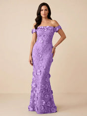 Black Off-the-Shoulder 3D Floral Mermaid Formal Gown Evening Dress