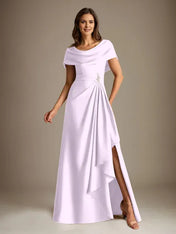 A-Line Scoop Floor-Length Stretch Satin Mother of the Bride Dress With Cascading Ruffles