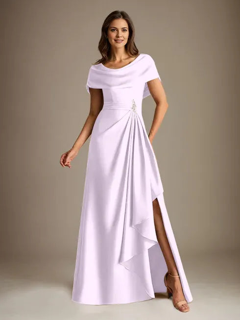 A-Line Scoop Floor-Length Stretch Satin Mother of the Bride Dress With Cascading Ruffles