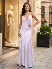 Green Appliques Soft Satin Long Prom Party Dress