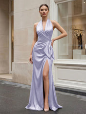 Navy Blue Halter V-Neck Satin Gown with Side Knot and High Slit Evening Dress