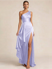 Sleek Foraml Evening Gown Midnight Navy One-Shoulder Satin Slit Maxi Dress