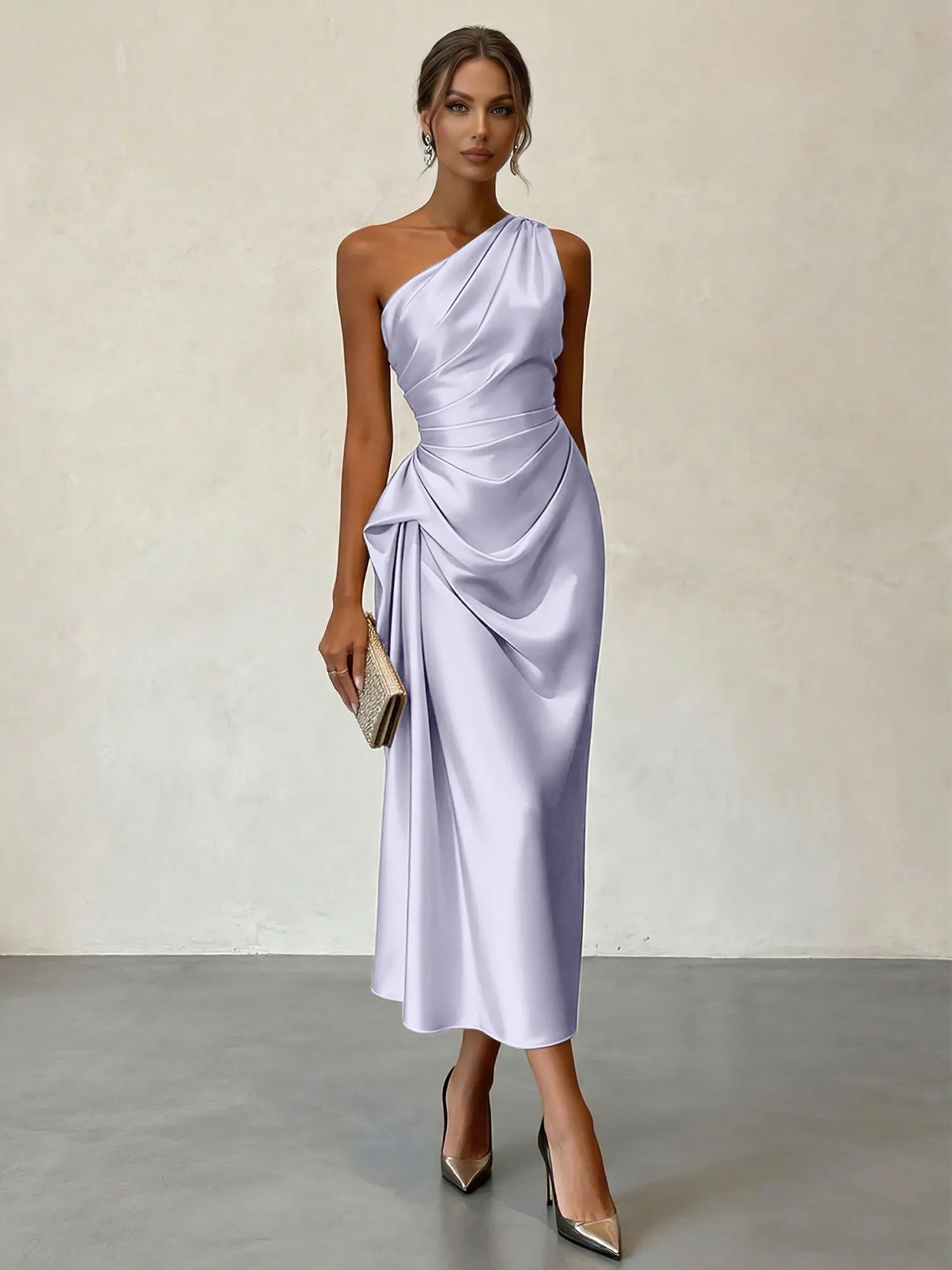 Champagne Ruched Satin One Shoulder Sleeveless Sheath Midi Dress