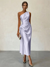 Champagne Ruched Satin One Shoulder Sleeveless Sheath Midi Dress