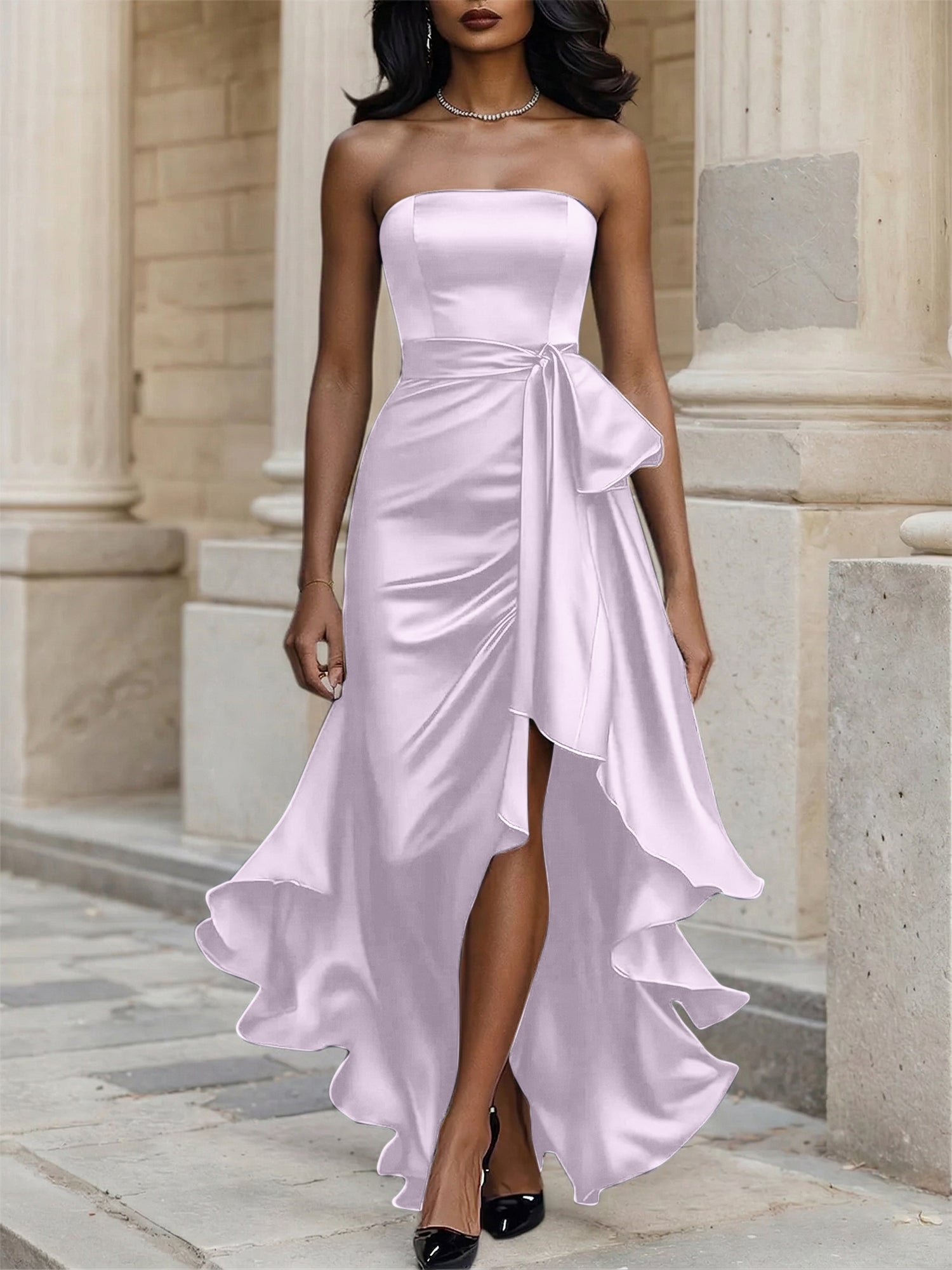 Glamorous Formal Dress Midnight Navy Strapless Satin Gown Midi Dress