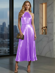 Luxurious Champagne-Gold Pleated Halter Midi Prom Dress