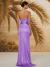 Evening Formal Dress V Neck Silk Ruffles Strapless Maxi Dress