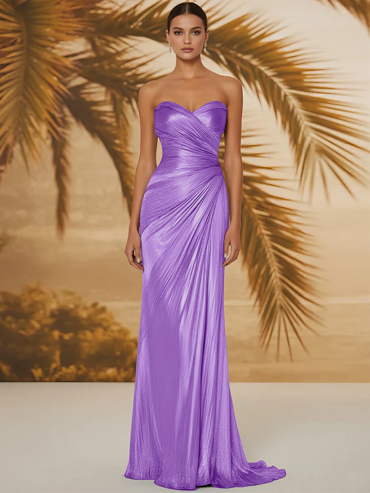 Evening Formal Dress V Neck Silk Ruffles Strapless Maxi Dress