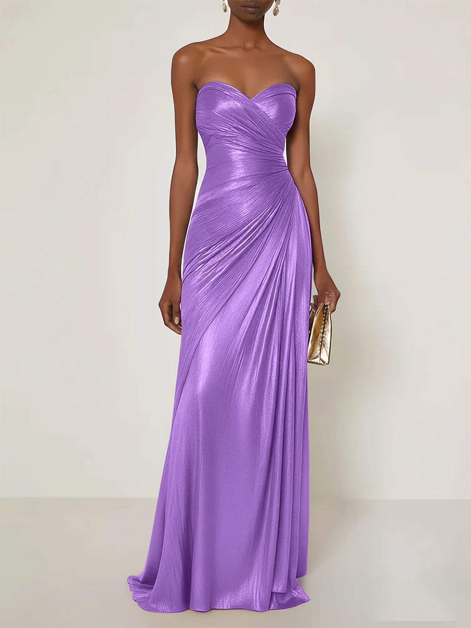 Evening Formal Dress V Neck Silver Silk Ruffles Strapless Maxi Dress