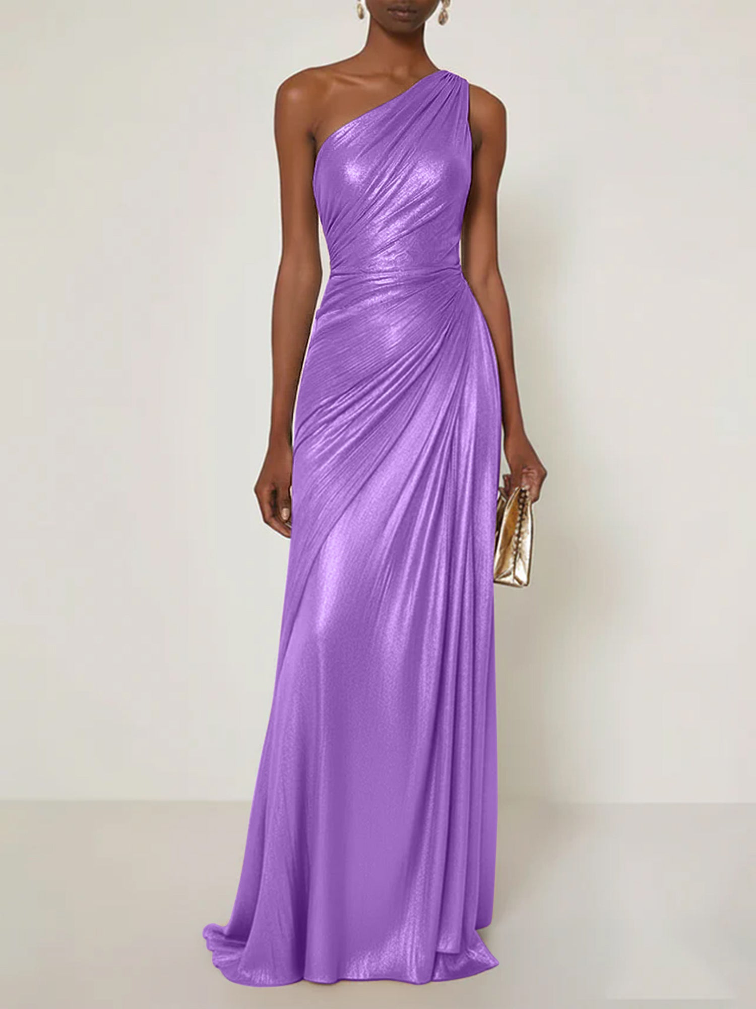 Evening Formal Dress One Shoulder Silk Ruffles Maxi Dress