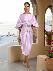 Half Sleeves Mermaid Satin Tea Length Long Evening Dresses with 3D Flower