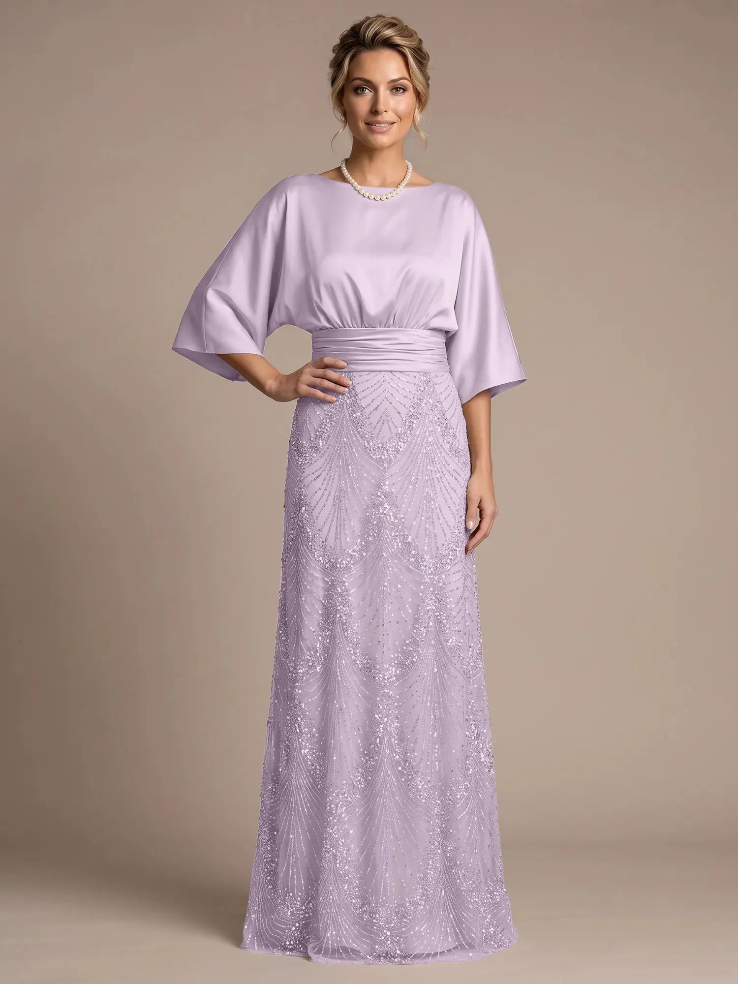Bateau Neck Satin Evening Gown with 3/4 Batwing Sleeves Mother of The Bride Dresses