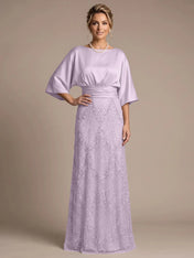 Bateau Neck Satin Evening Gown with 3/4 Batwing Sleeves Mother of The Bride Dresses
