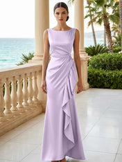 Dusty Blue Scoop Neck Evening Dress with Ruffle Mermaid Maxi Dress