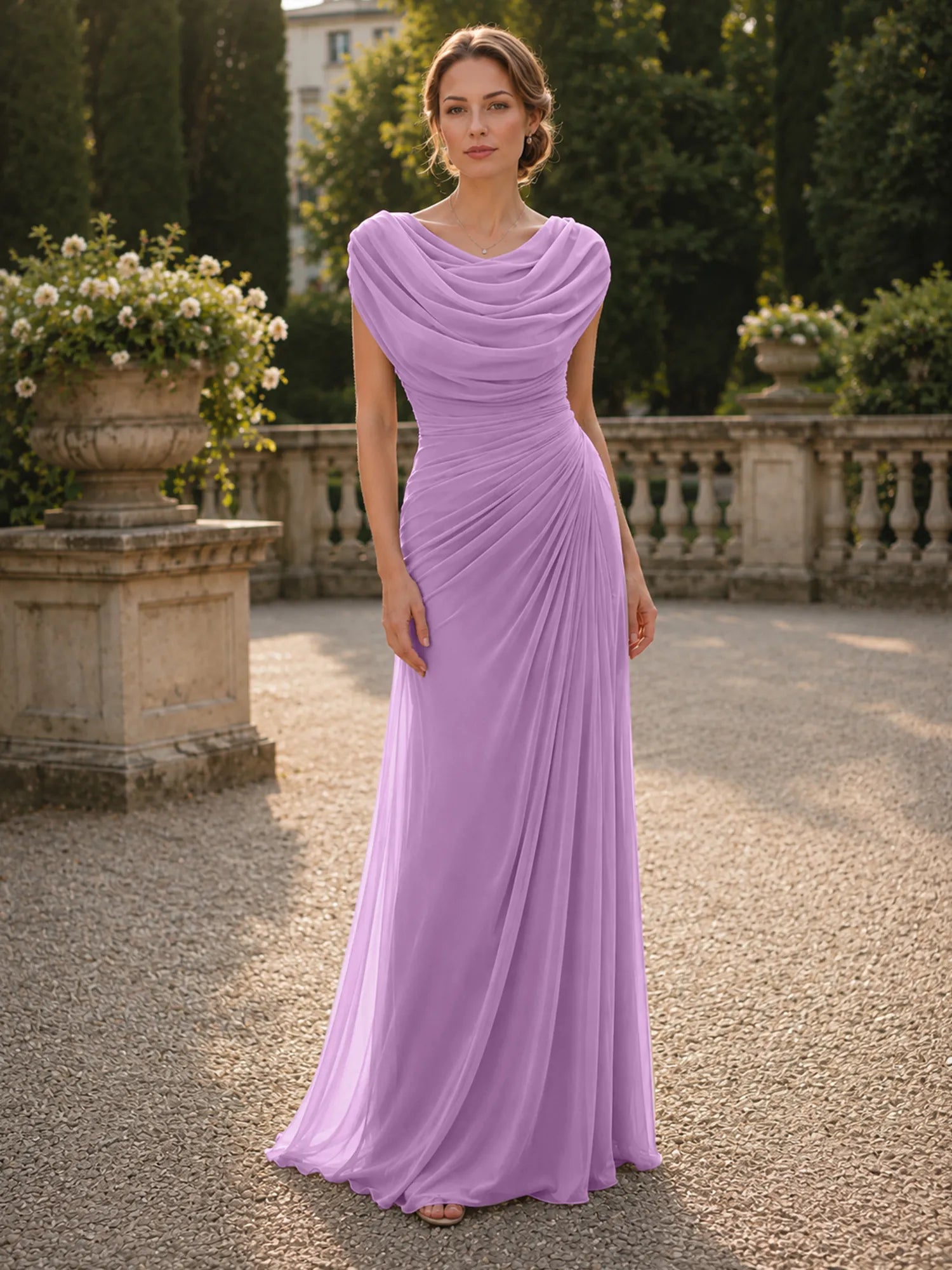 Cowl Neck Mermaid Evening Dresses with Flowing Floor-Length Skirt