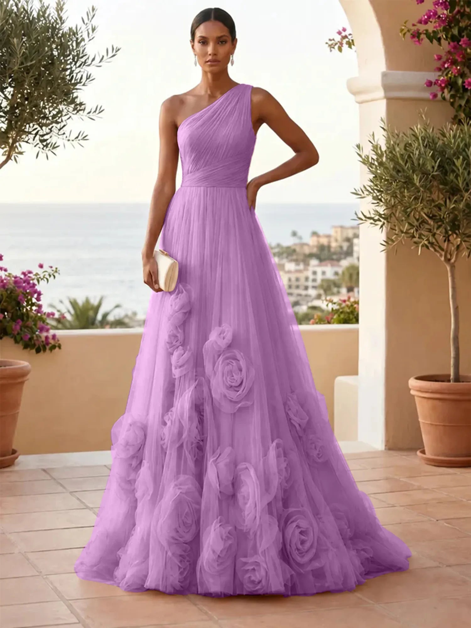 One-Shoulder Sweetheart Tulle Ball Gown with 3D Floral Accents Evening Dresses