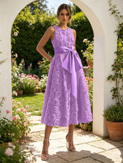Pink 3D Floral Bow Crew Neck A-Line Midi Dress