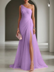 Pink Ruched Slit Tulle Strapless One Shoulder Sheath Gown Dress