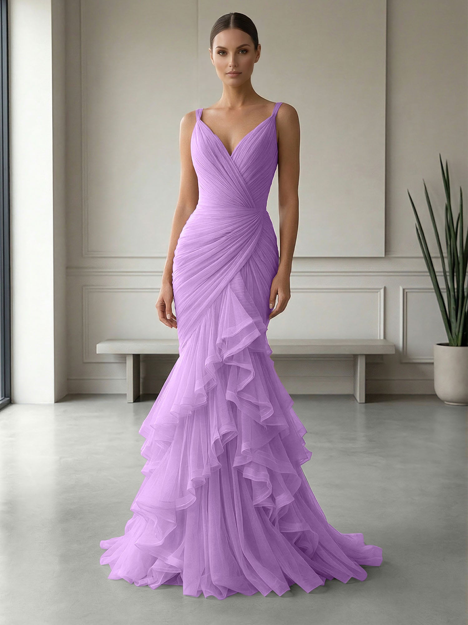 Mauve Folds Tulle Strapless Sleeveless Mermaid Gown Dress