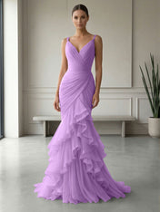 Mauve Folds Tulle Strapless Sleeveless Mermaid Gown Dress