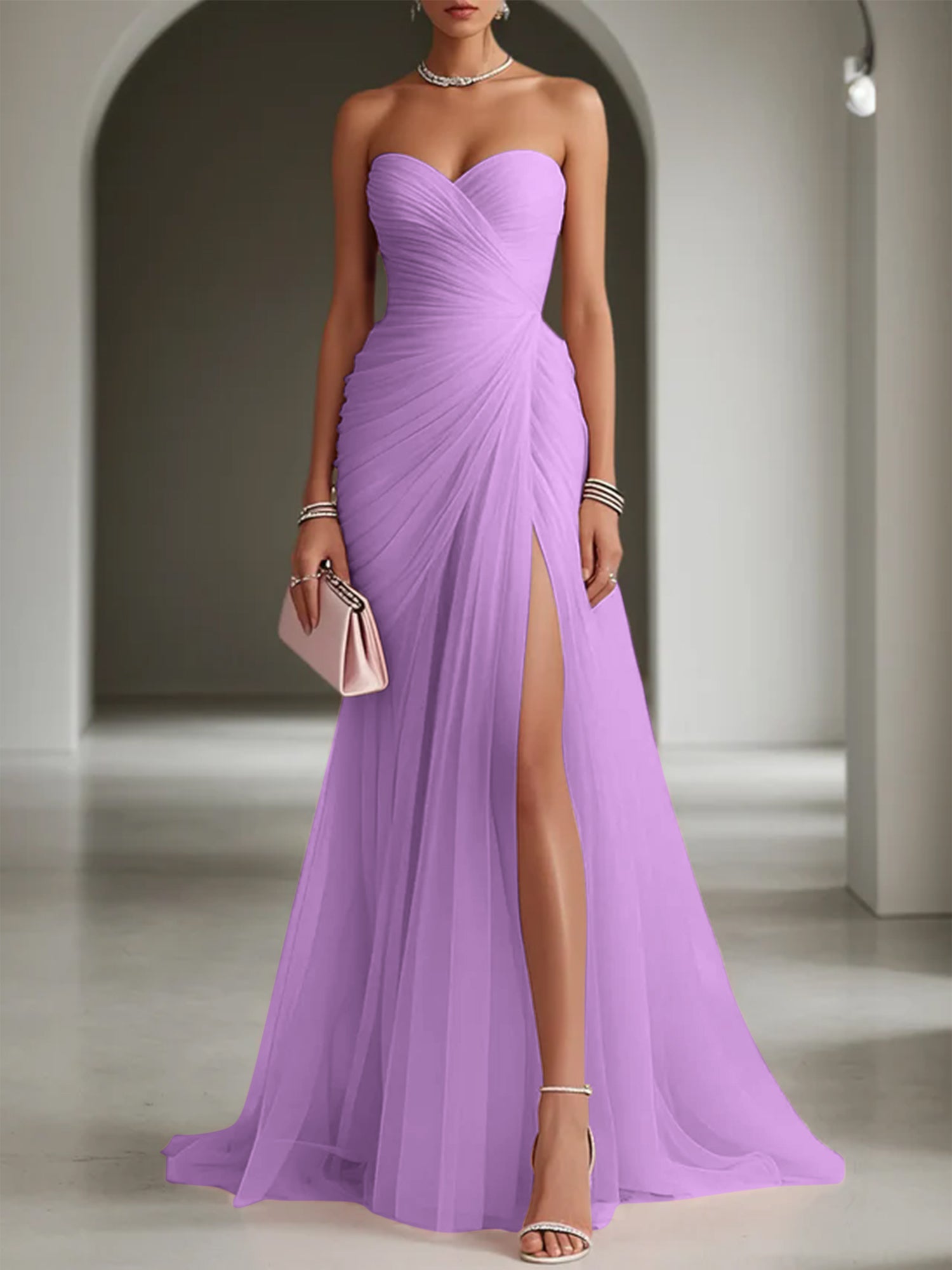 Pink Ruched Slit Tulle Strapless Sleeveless Sheath Gown Dress